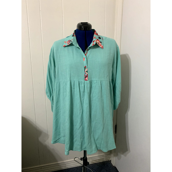 Umgee Mini Dress Large Linen Blend Mint Green Floral Print Baloon Sleeve Boho - Picture 1 of 9
